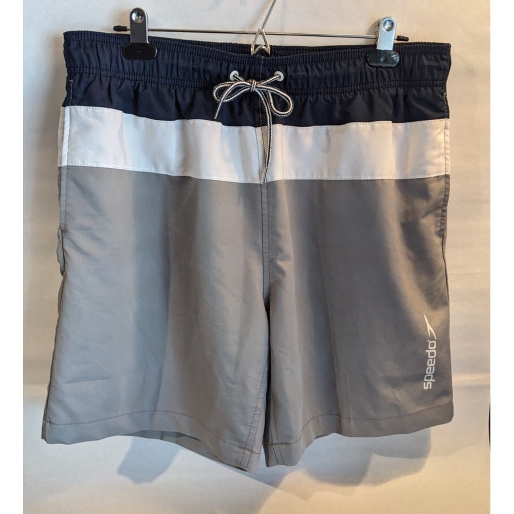Speedo Men Swim Trunks Sz L Color Block Volley Style Brief Liner Inseam 7" Gray